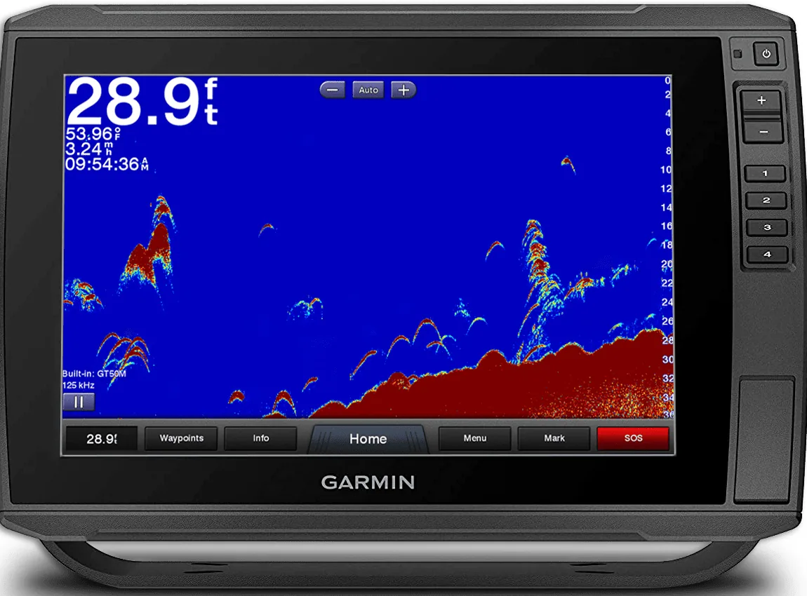Garmin 2D sonar screen with many red and yellow fish arches in blue water above a dark red bottom that rises to the right