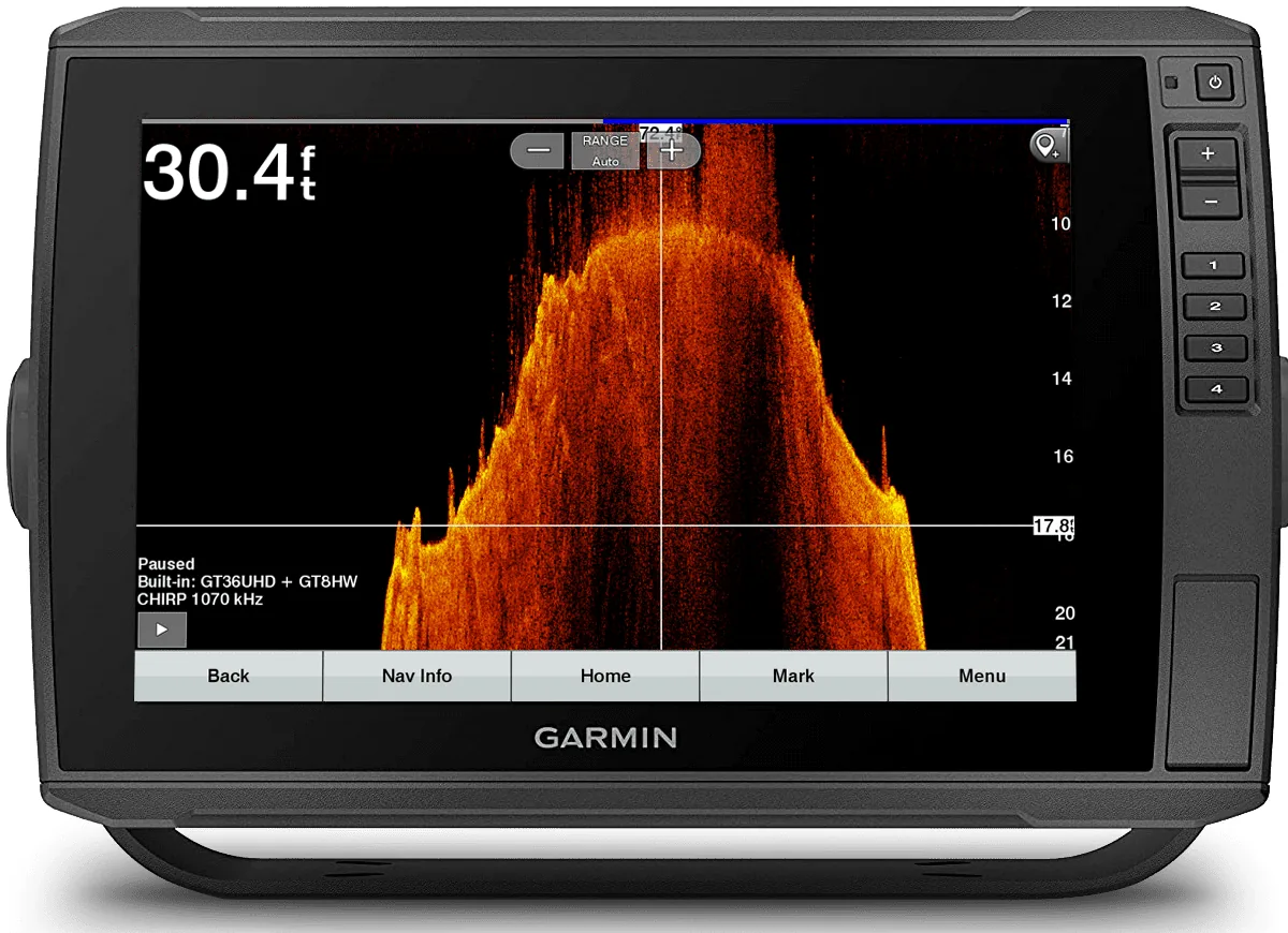 Garmin down imaging screen in orange tones showing a rounded underwater hump rising from about 20 feet to about 11 feet, with fuzzy weed growth standing up on top