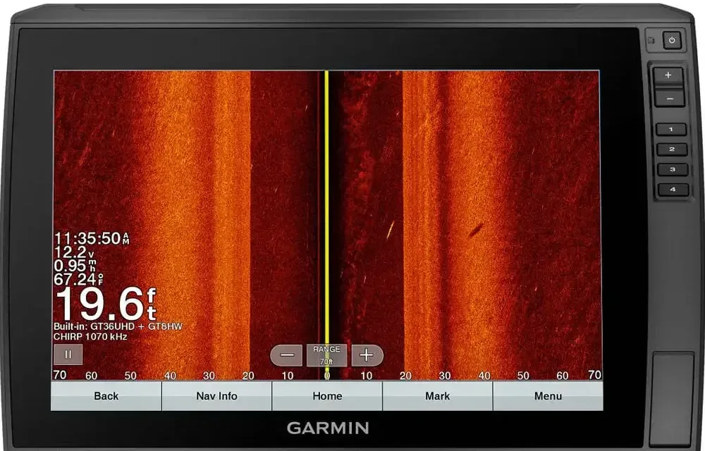Garmin side imaging screen in orange tones with a yellow center line for the boat path, a distance scale from 0 to 70 feet on each side, and small marks of a fish and its shadow