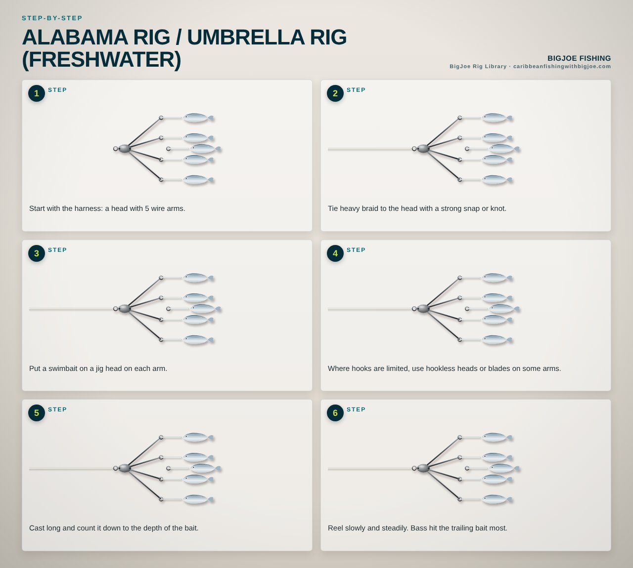 Alabama Rig / Umbrella Rig (Freshwater) — BigJoe step-by-step graphic