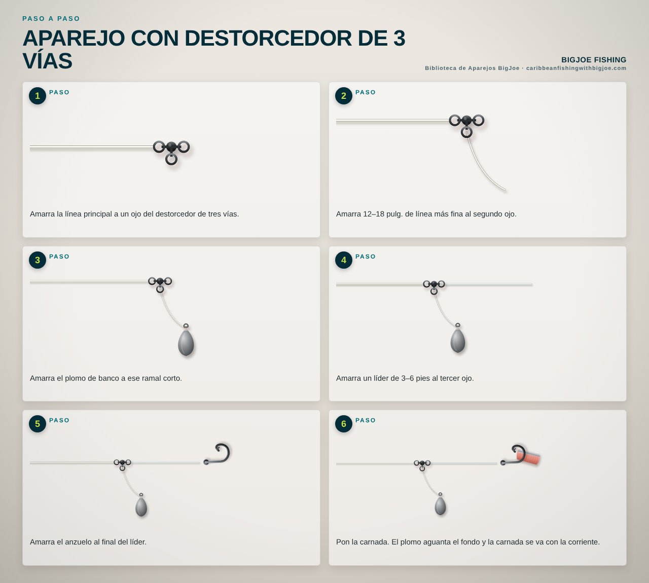Aparejo con Destorcedor de 3 Vías — Gráfico paso a paso de BigJoe